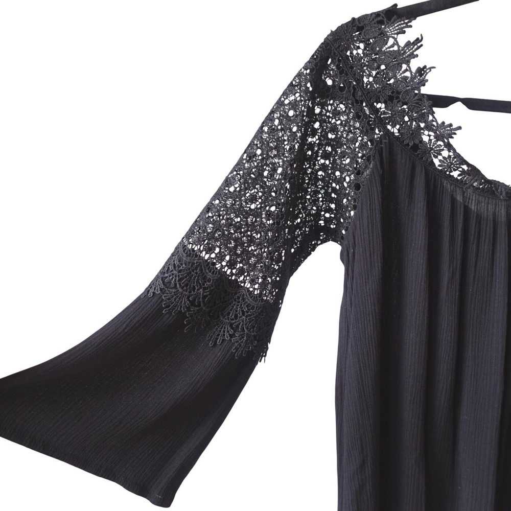 NM Lace Bell Sleeve Top Womens L Black Crochet Flowy Boho Peasant Whimsigoth